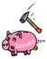 Pink and scared fat piggybank in cartoon style with lettering, colored illustration showing risk as hammer for money deposit