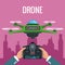 Pink scene city landscape and people handle remote control with green robot drone with four airscrew
