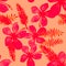 Pink Seamless Design. Scarlet Pattern Background. Red Tropical Vintage. Ruby Flower Plant. Coral Drawing Leaf.