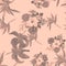 Pink Seamless Leaves. Brown Pattern Nature. Gray Tropical Exotic. Black Flower Painting. Coral Watercolor Illustration.