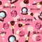 Pink seamless pattern with brushes, pocket mirrors and lip balm. Beauty repetitive background with face products
