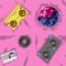 Pink seamless pattern mixer vinyl tape recorder cassette player disco ball. vector image