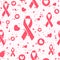 Pink seamless pattern with ribbons and hearts about breast cancer awareness and treatment. Repeat background about support