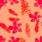 Pink Seamless Vintage. Ruby Pattern Plant. Coral Tropical Design. Red Flower Design. Scarlet Drawing Texture. Spring Textile.