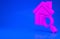 Pink Search house icon isolated on blue background. Real estate symbol of a house under magnifying glass. Minimalism