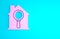 Pink Search house icon isolated on blue background. Real estate symbol of a house under magnifying glass. Minimalism