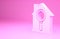 Pink Search house icon isolated on pink background. Real estate symbol of a house under magnifying glass. Minimalism