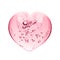 Pink serum gel, heart shape puddle isolated on white backdrop, top view. Squeezed transparent care gel with bubbles