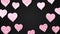 Pink shining hearts sparkle on the black background. Valentines Day holiday abstract loop animation.