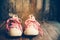 Pink shoes for children on wooden floor