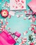 Pink Shopping bags , flowers and blank tags on turquoise background, top view