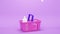 Pink shopping basket with bottles of cosmetics. Abstract animation.