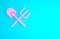 Pink Shovel and rake icon isolated on blue background. Tool for horticulture, agriculture, gardening, farming. Ground