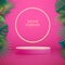 Pink showcase background with 3d podium and tropic leaves. Summer nature concept.