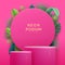 Pink showcase background with 3d podium and tropic leaves. Summer nature concept.