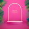 Pink showcase background with 3d podium and tropic leaves. Summer nature concept.