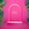 Pink showcase background with 3d podium and tropic leaves. Summer nature concept.