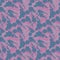 Pink silhouettes of freesia flowers, beautiful bouquet branch on blue violet background, seamless tropic pattern of watercolor ill