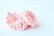 Pink silk Scrunchy isolated on white background. Flat lay Hairdressing tool of Colorful Elastic Hair Band, Bobble Scrunchie