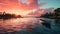 Pink Skies and Reflections, Single Boat, Serene Moments by a Lake at Sunset, Generative AI