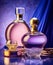 Pink Skin and Perfume Bottle with Blue Lid in Light Purple and Gold Style. Generative ai