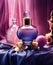 Pink Skin and Perfume Bottle with Blue Lid in Light Purple and Gold Style. Generative ai