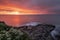 Pink sky summer sunrise landscape over the coastline rocks of Curio bay in The Catlins