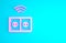 Pink Smart electrical outlet system icon isolated on blue background. Power socket. Internet of things concept with