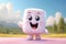 Pink smiling cute Marshmallow character waving in a picturesque mountain landscape