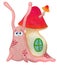 Pink snail cartoons. A snail with a mushroom on its back.