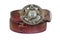 Pink snake leather belt with steel Buddha buckle on white background