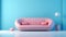 Pink Sofa On Blue Wall: 3d Render Couch Podium With Pastel Blue Background