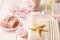 Pink spa set: liquid soap, essential oils, towels and sea salts