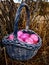 Pink speckled Easter eggs in basket amid brown grasses