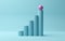 Pink sphere on rising bar graph of cylinders on blue background, abstract modern minimal success, growth, progress or achievement