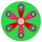 Pink spinner with six blades a flat style. Vector image on a round light green background. Element of design, interface