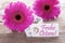 Pink Spring Gerbera, Label, Frohe Ostern Means Happy Easter