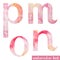 Pink spring watercolor font letters M N O P