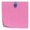 Pink square sticky note, with a blue pin, isolated