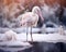 The pink stork is standing on the snow looking for food.