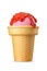 Pink strawberry ice cream with syrup topping in a sugar crispy waffle cone isolated on white