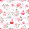 Pink striped seamless vector pattern with fresh pastries, bouquets of flowers and keys with red bows.