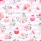 Pink striped seamless vector pattern with fresh pastries, bouquets of flowers and keys with red bows.