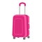 Pink suitcase on wheels. Large travel bag with a metal long handle and two short handles.