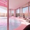 Pink sunlit indoor lounge with a pool