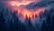 Pink Sunrise on a foggy forest in the mountains. colorful pink sunset in misty mountains