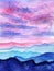 Pink sunset mountains lanscape watercolor