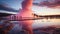 Pink sunset view of strokkur geysir eruption in Iceland, Europe