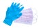 Pink surgical medical masks and blue blue rubber gloves isolated on white background, clipping path