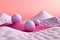Pink surreal landscape with mountains and balls, Generative AI image.